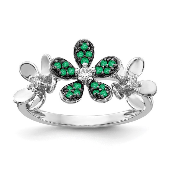 Million Charms 14k White Gold Diamond and Green Emerald Flower Ring Size 7